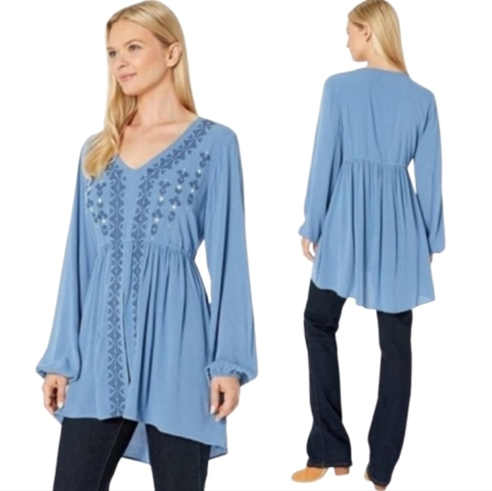 Ariat Tribal Tunic Size S Blue Embroidery & Beading High Low Peasant Bohemian